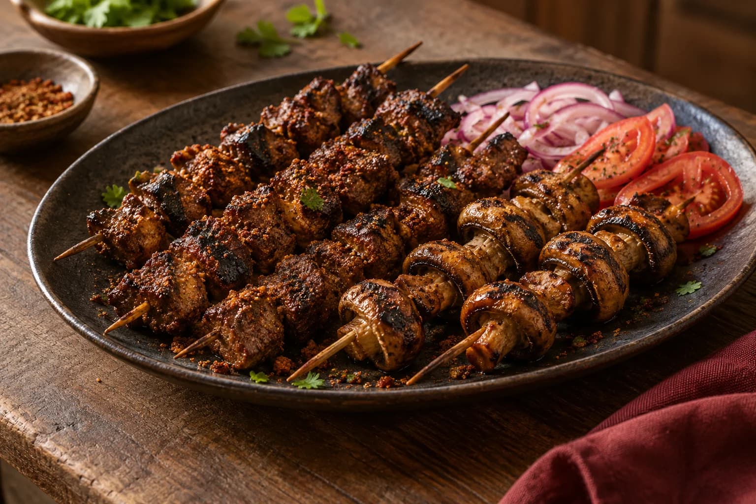 Chargrilled beef and mushroom skewers with sliced onions and tomatoes
