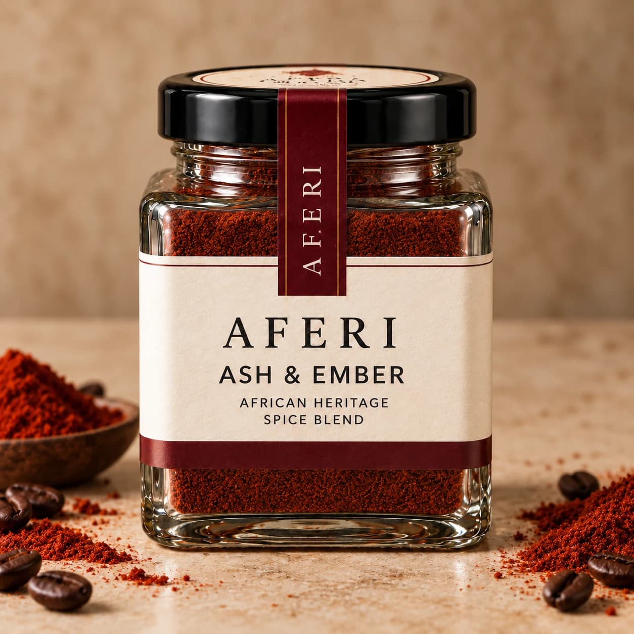 Ash & Ember in the Aferi square glass jar with ivory label and oxblood tamper seal