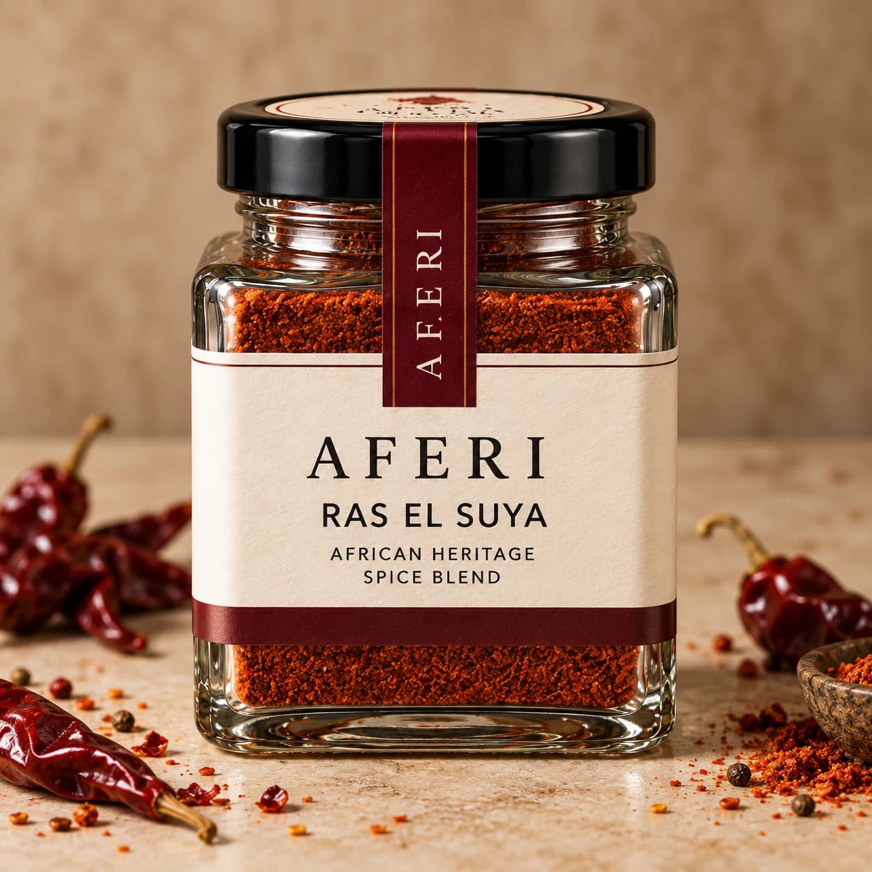 Ras El Suya in the Aferi square glass jar with ivory label and oxblood tamper seal