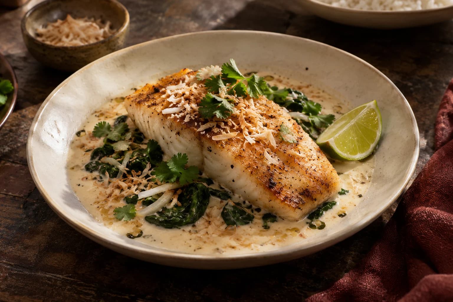 Seared fish in coconut sauce with toasted coconut and a lime wedge
