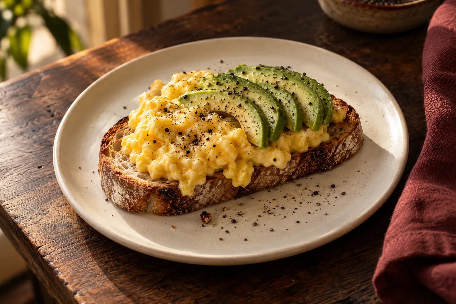 Scrambled eggs and sliced avocado on toast, finished with pepper