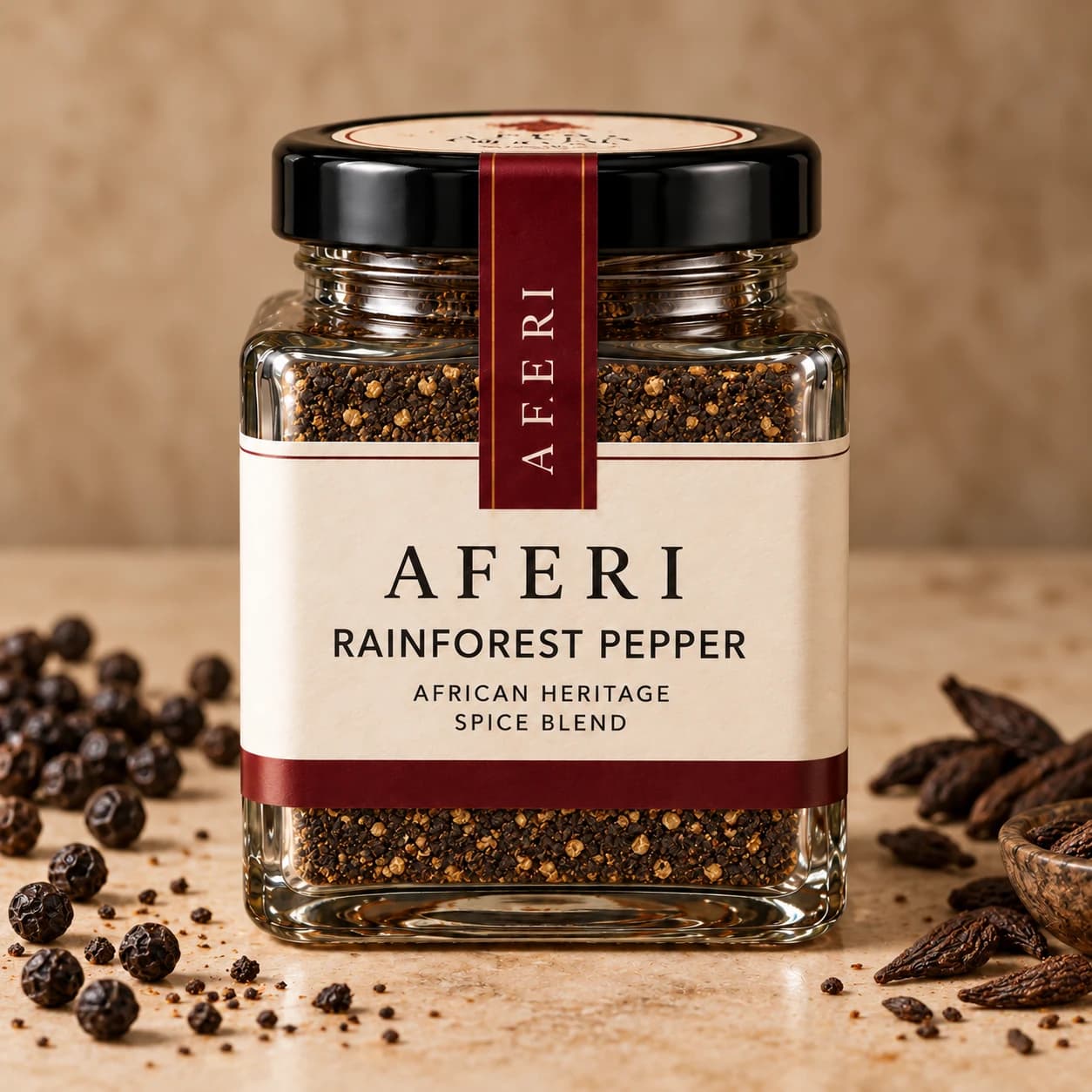 Rainforest Pepper in the Aferi square glass jar with ivory label and oxblood tamper seal
