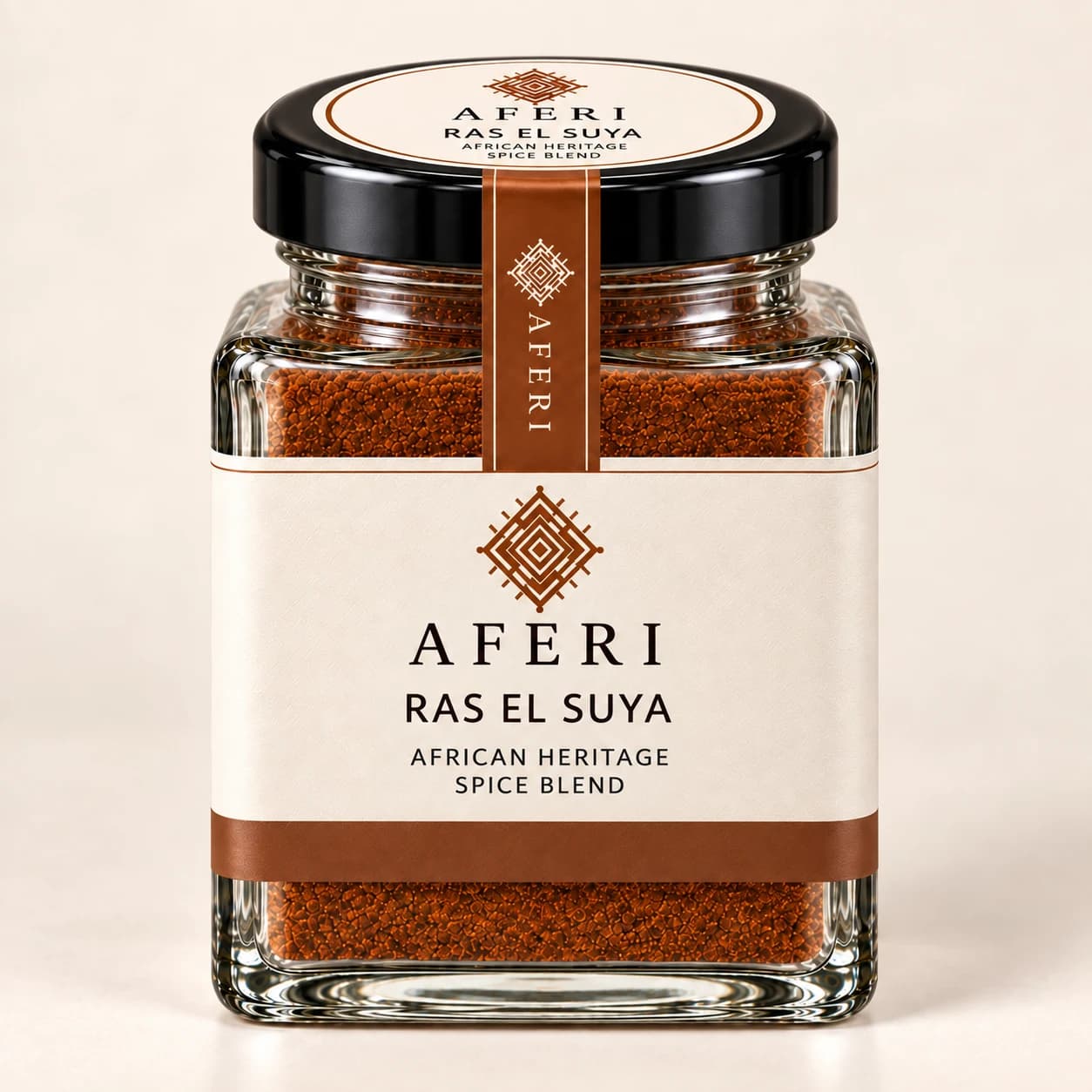 Ras El Suya in the Aferi square glass jar with its centred tamper seal
